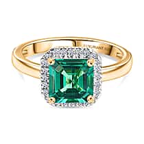 LUXURIANT Lab Grown Colombian Emerald, Lab Grown Diamond Halo Ring in 18K Vermeil Yellow Gold Over Sterling Silver 1.64 Ct. (SI-GH)