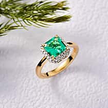 LUXURIANT Lab Grown Colombian Emerald, Lab Grown Diamond Halo Ring in 18K Vermeil Yellow Gold Over Sterling Silver 1.64 Ct. (SI-GH)