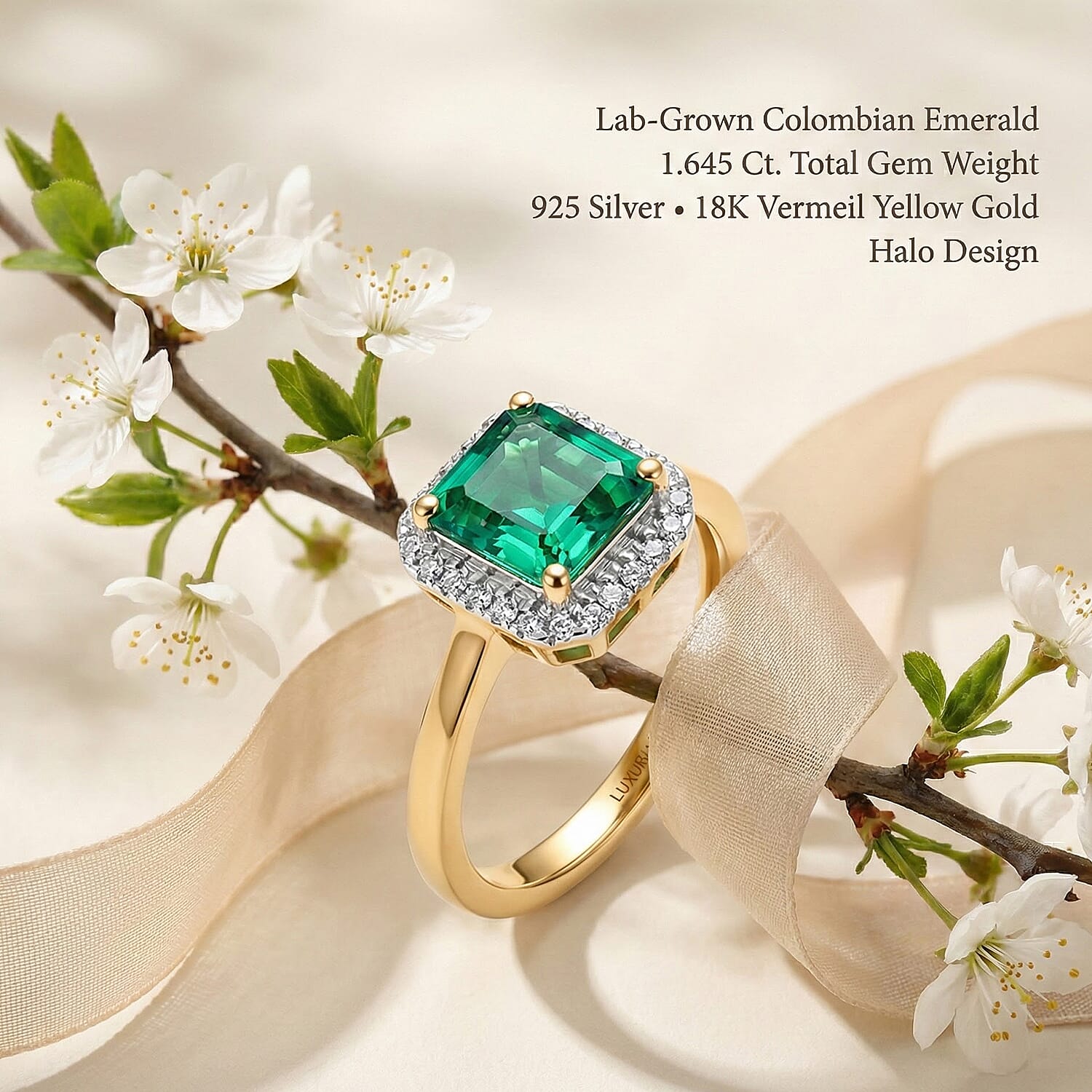 Luxuriant Lab Grown Columbian Emerald & Lab Grown Diamond (SI-GH) Ring in 18K Vermeil Yellow Gold Plated Sterling Silver 1.64 Ct.