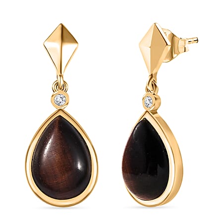 EverTrue Red Tiger Eye & White Zircon Dangling Earring with Push Back in Yellow Gold Plated 11.91 Ct.