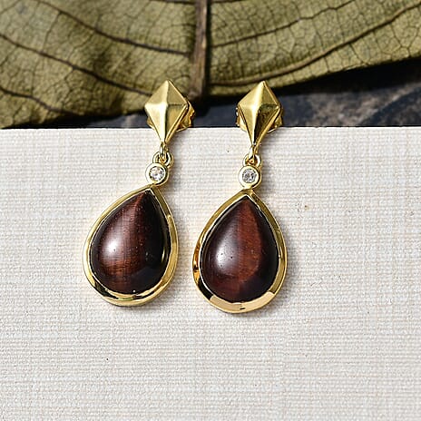 EverTrue Red Tiger Eye & White Zircon Dangling Earring with Push Back in Yellow Gold Plated 11.91 Ct.