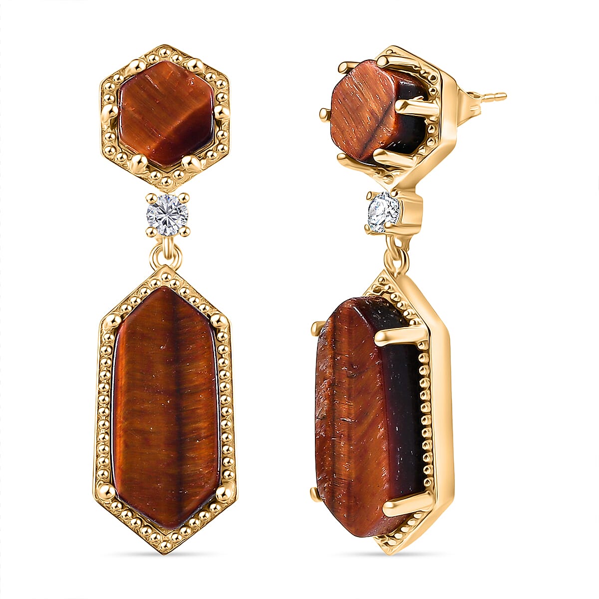 EverTrue Red Tiger Eye & White Topaz Dangling Earring with Push Back in Yellow Gold Plated 16.25 Ct.