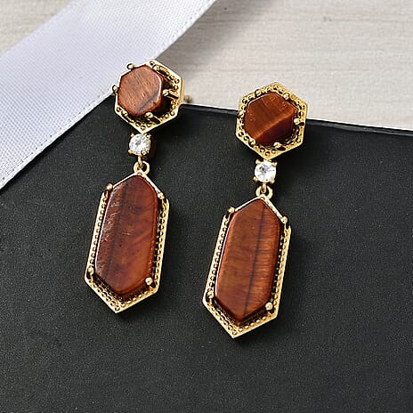 EverTrue Red Tiger Eye & White Topaz Dangling Earring with Push Back in Yellow Gold Plated 16.25 Ct.