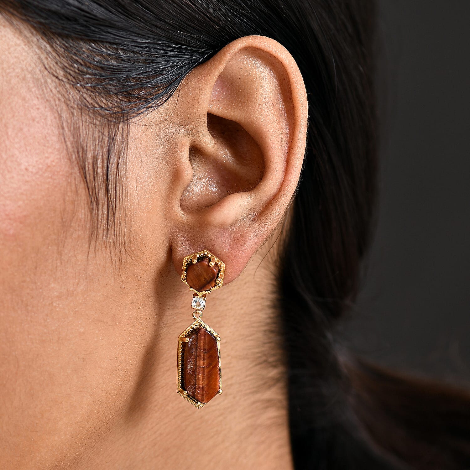 EverTrue Red Tiger Eye & White Topaz Dangling Earring with Push Back in Yellow Gold Plated 16.25 Ct.