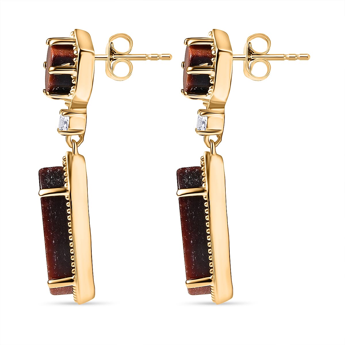 EverTrue Red Tiger Eye & White Topaz Dangling Earring with Push Back in Yellow Gold Plated 16.25 Ct.