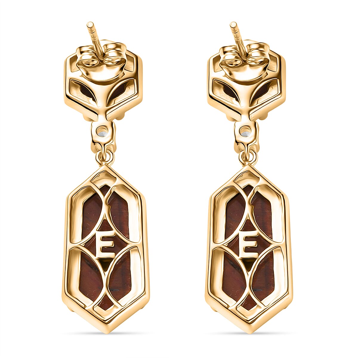 EverTrue Red Tiger Eye & White Topaz Dangling Earring with Push Back in Yellow Gold Plated 16.25 Ct.