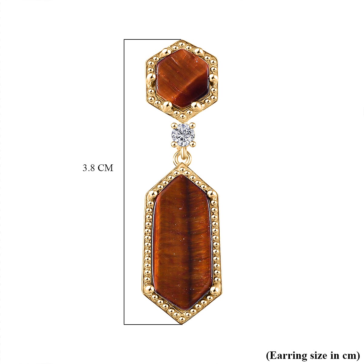 EverTrue Red Tiger Eye & White Topaz Dangling Earring with Push Back in Yellow Gold Plated 16.25 Ct.