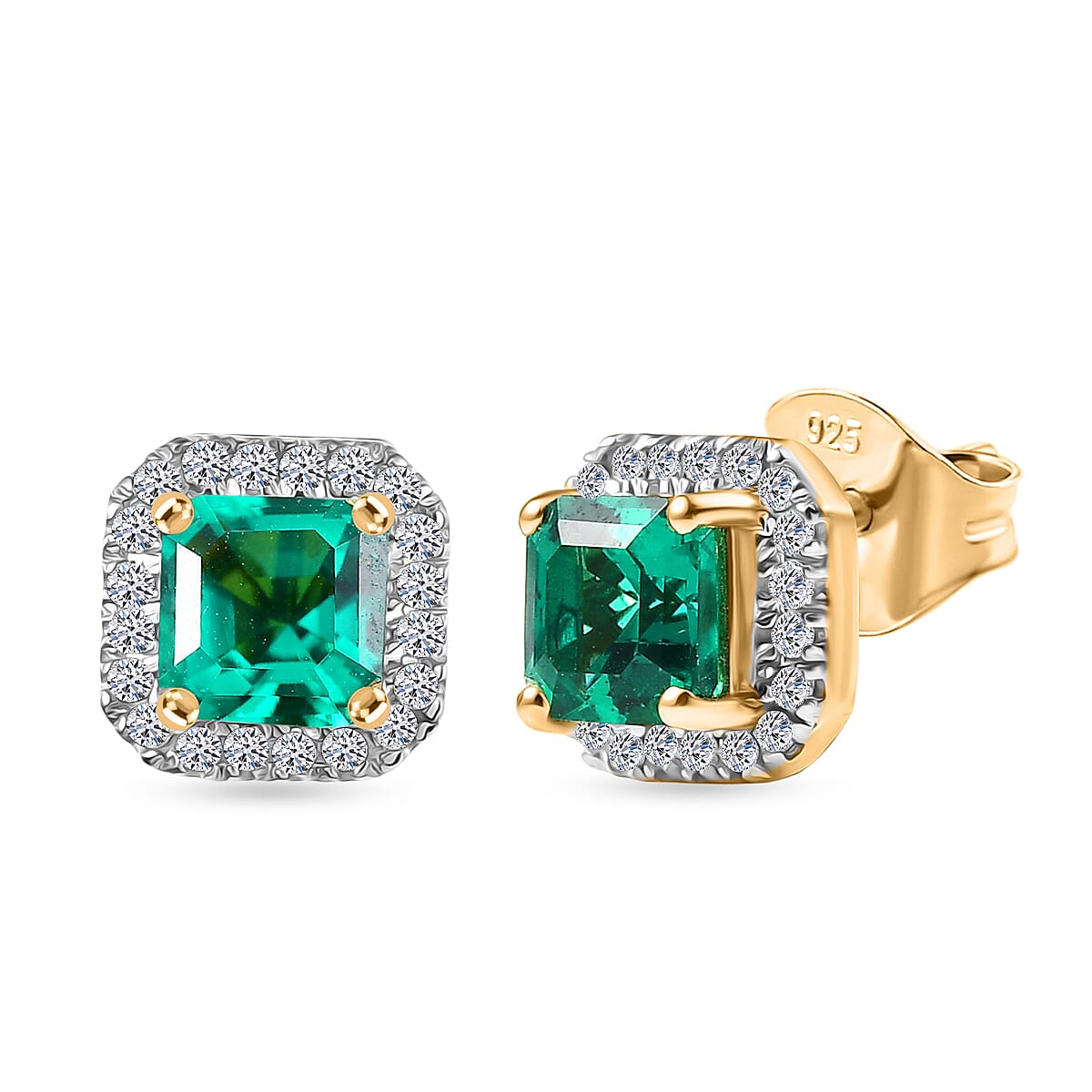 Luxuriant Lab Grown Columbian Emerald & Lab Grown Diamond (SI-GH) Stud Push Post Earring in 18K Vermeil Yellow Gold Plated Sterling Silver 1.37 Ct.