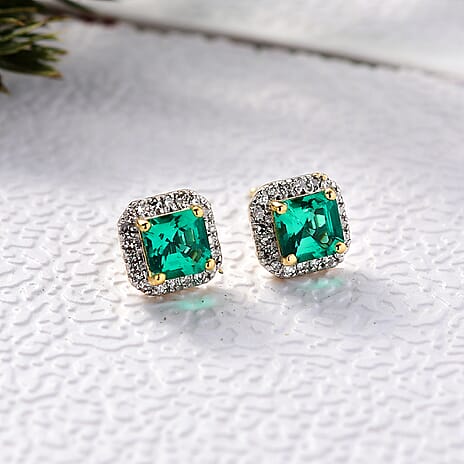 Luxuriant Lab Grown Colombian Emerald & Lab Grown Diamond (SI-GH) Stud Push Post Earring in 18K Vermeil Yellow Gold Plated Sterling Silver 1.37 Ct.