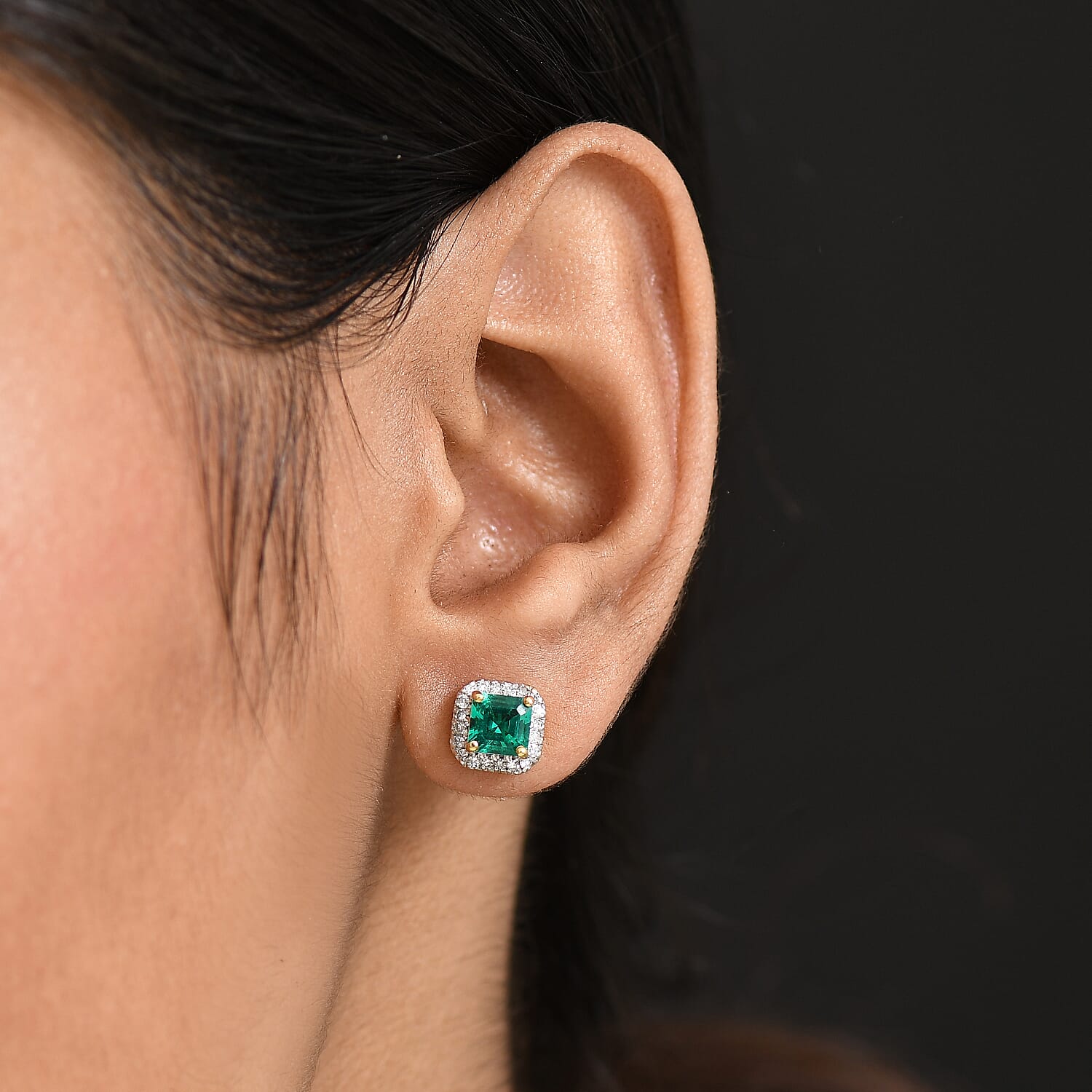Luxuriant Lab Grown Columbian Emerald & Lab Grown Diamond (SI-GH) Stud Push Post Earring in 18K Vermeil Yellow Gold Plated Sterling Silver 1.37 Ct.