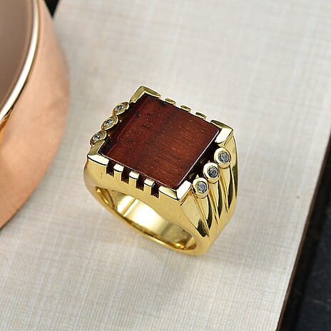 EverTrue Red Tiger Eye & White Zircon Mens Ring in Yellow Gold Plated 11.65 Ct.