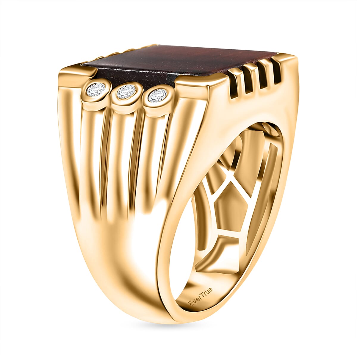 EverTrue Red Tiger Eye & White Zircon Mens Ring in Yellow Gold Plated 11.65 Ct.