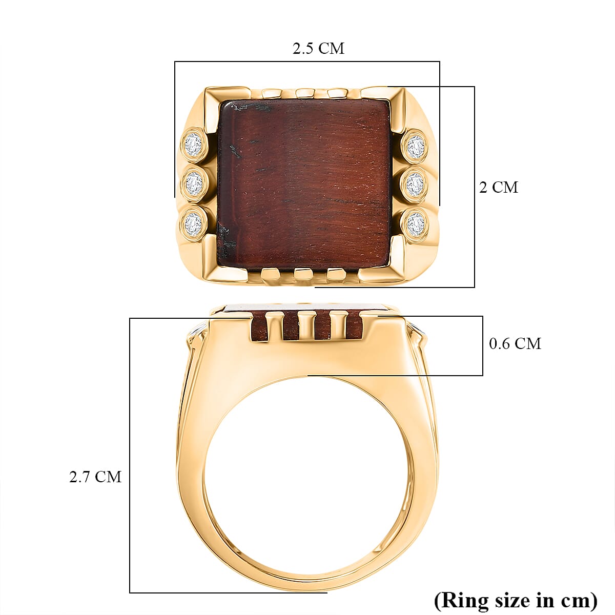 EverTrue Red Tiger Eye & White Zircon Mens Ring in Yellow Gold Plated 11.65 Ct.
