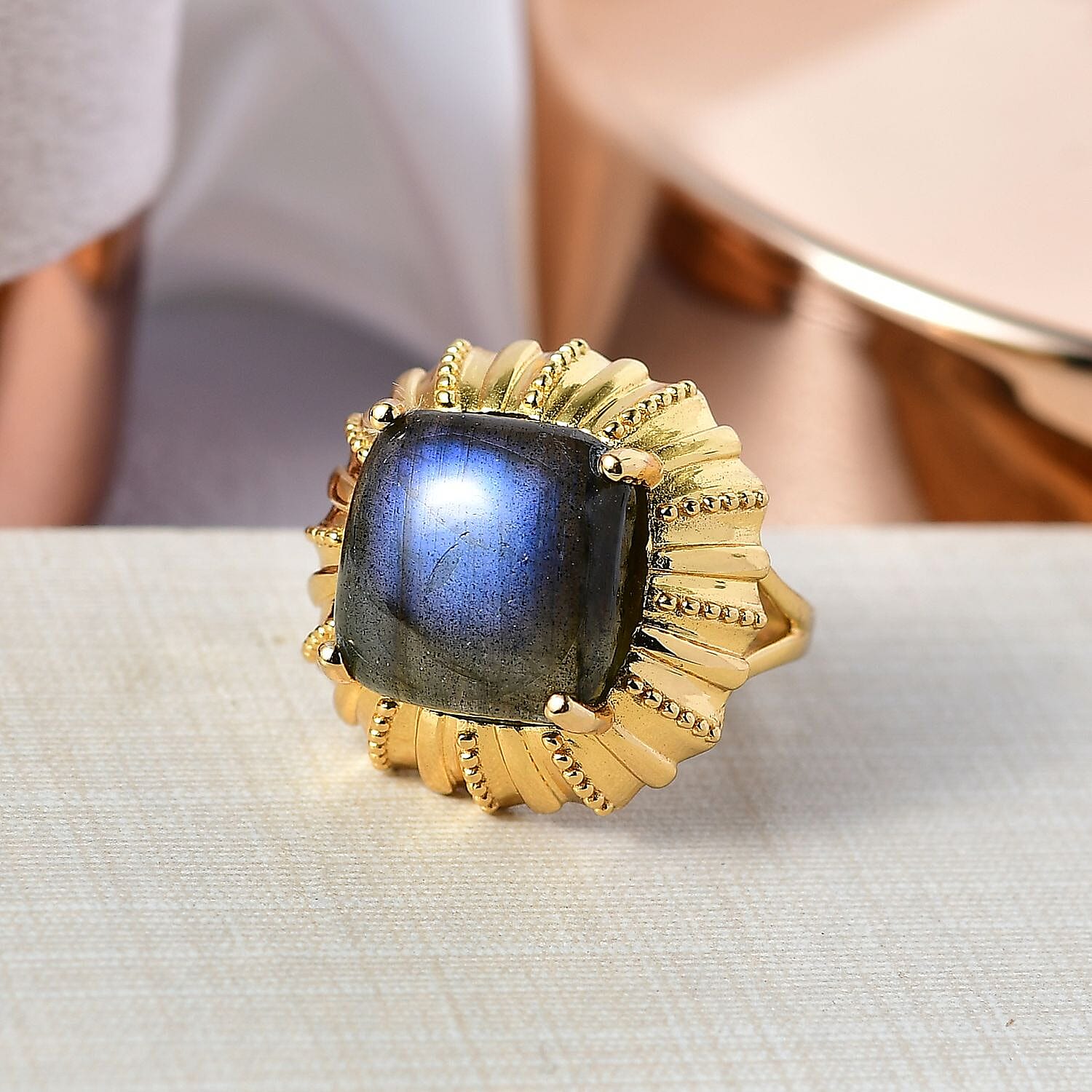 EverTrue Labradorite Solitaire Ring in Yellow Gold Plated 12.06 Ct.