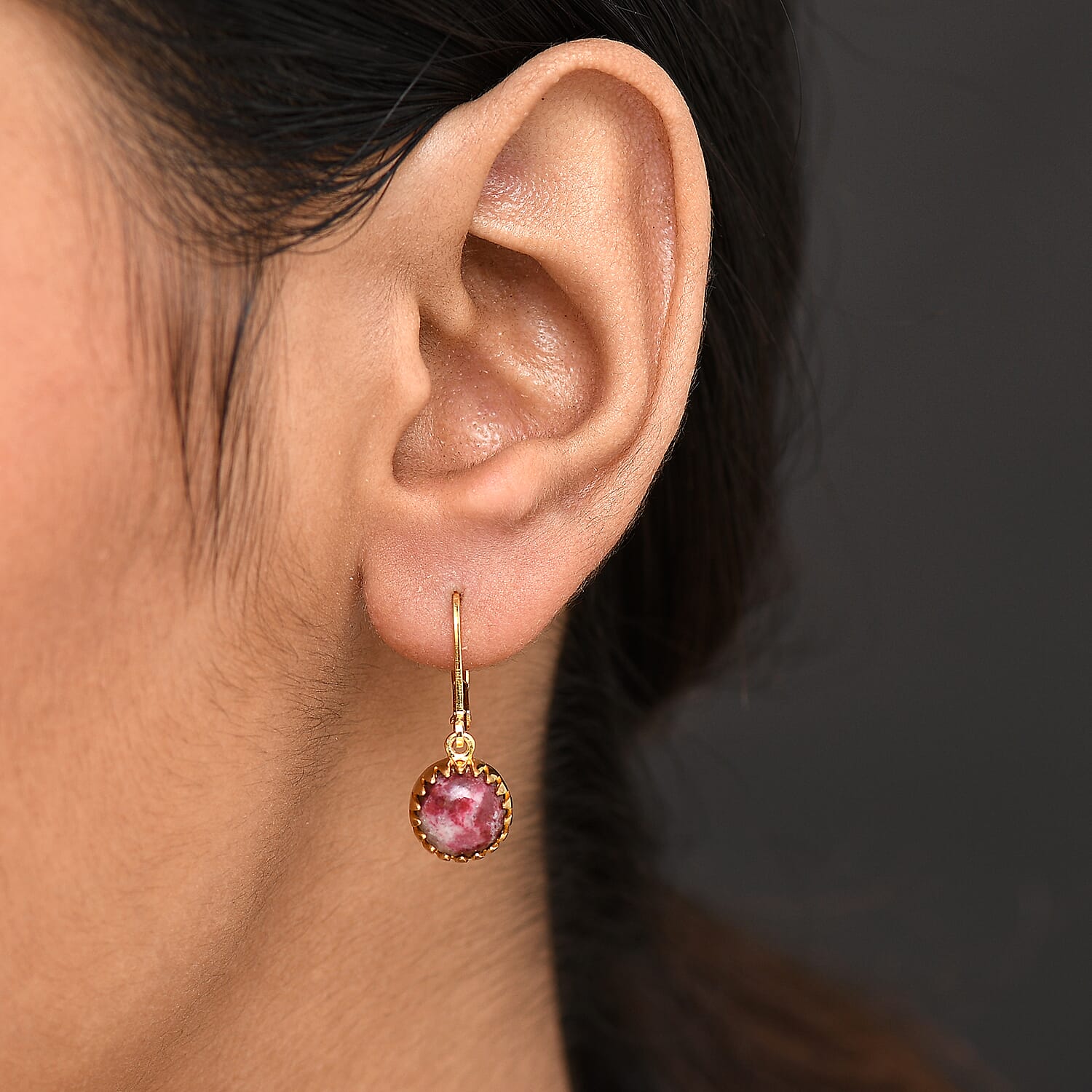 EverTrue Natural Thulite Solitaire Lever Back Earring in Yellow Gold Plated 5.43 Ct.