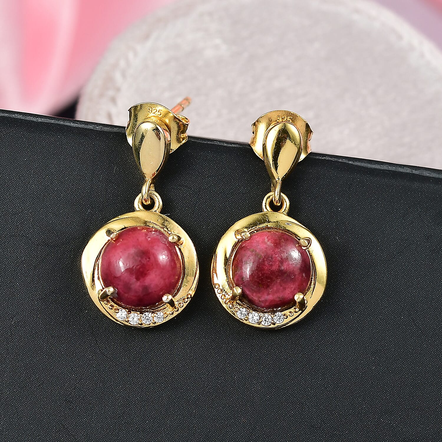 EverTrue Natural Thulite & White Zircon Solitaire Stud Push Post in Yellow Gold Plated 5.51 Ct.