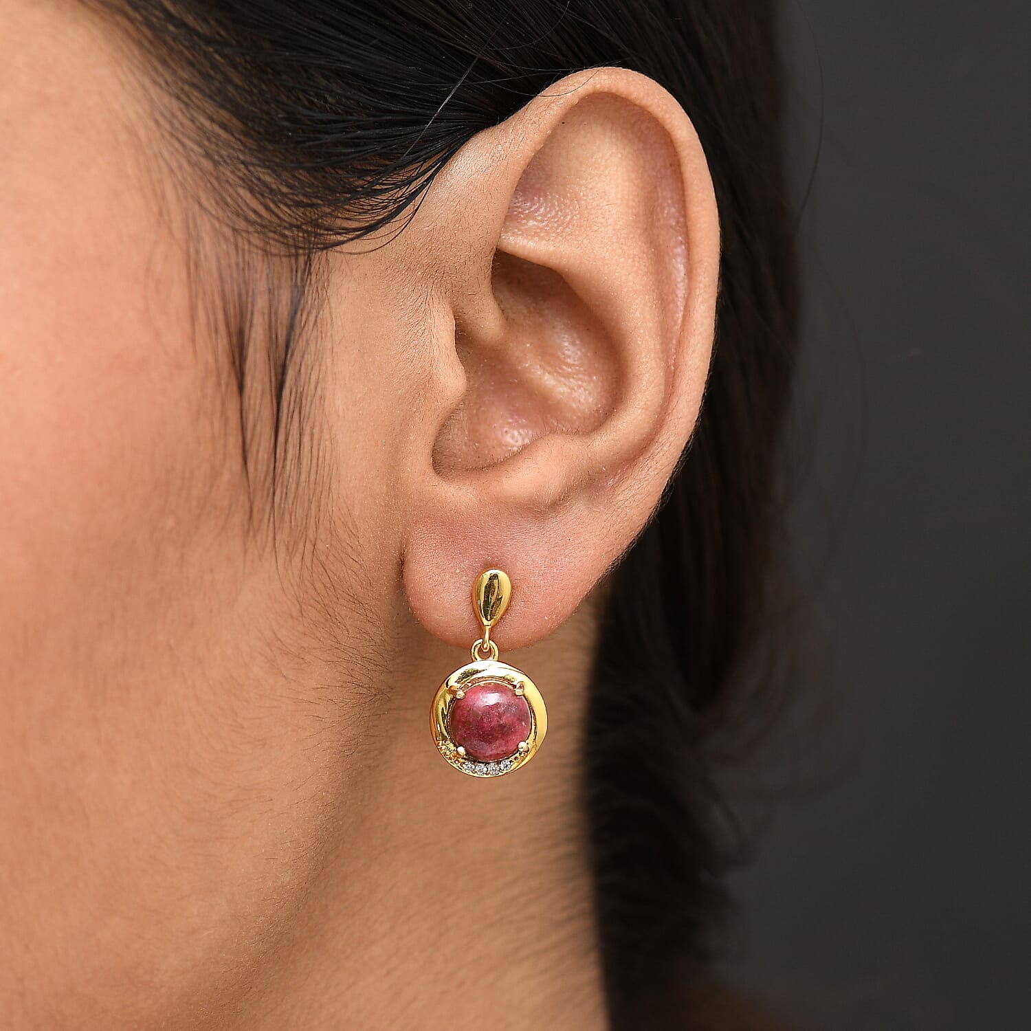 EverTrue Natural Thulite & White Zircon Solitaire Stud Push Post in Yellow Gold Plated 5.51 Ct.