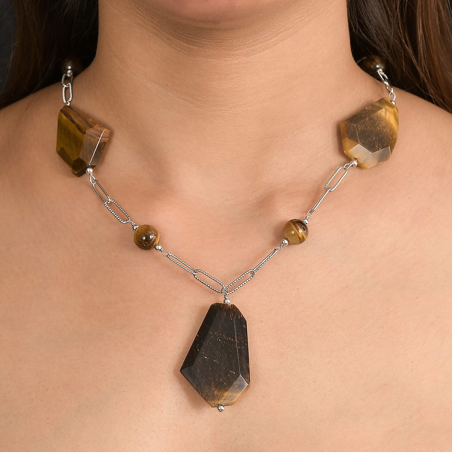 Tigers Eye Necklace (Size - 20) Silver Tone 240.00 Ct.