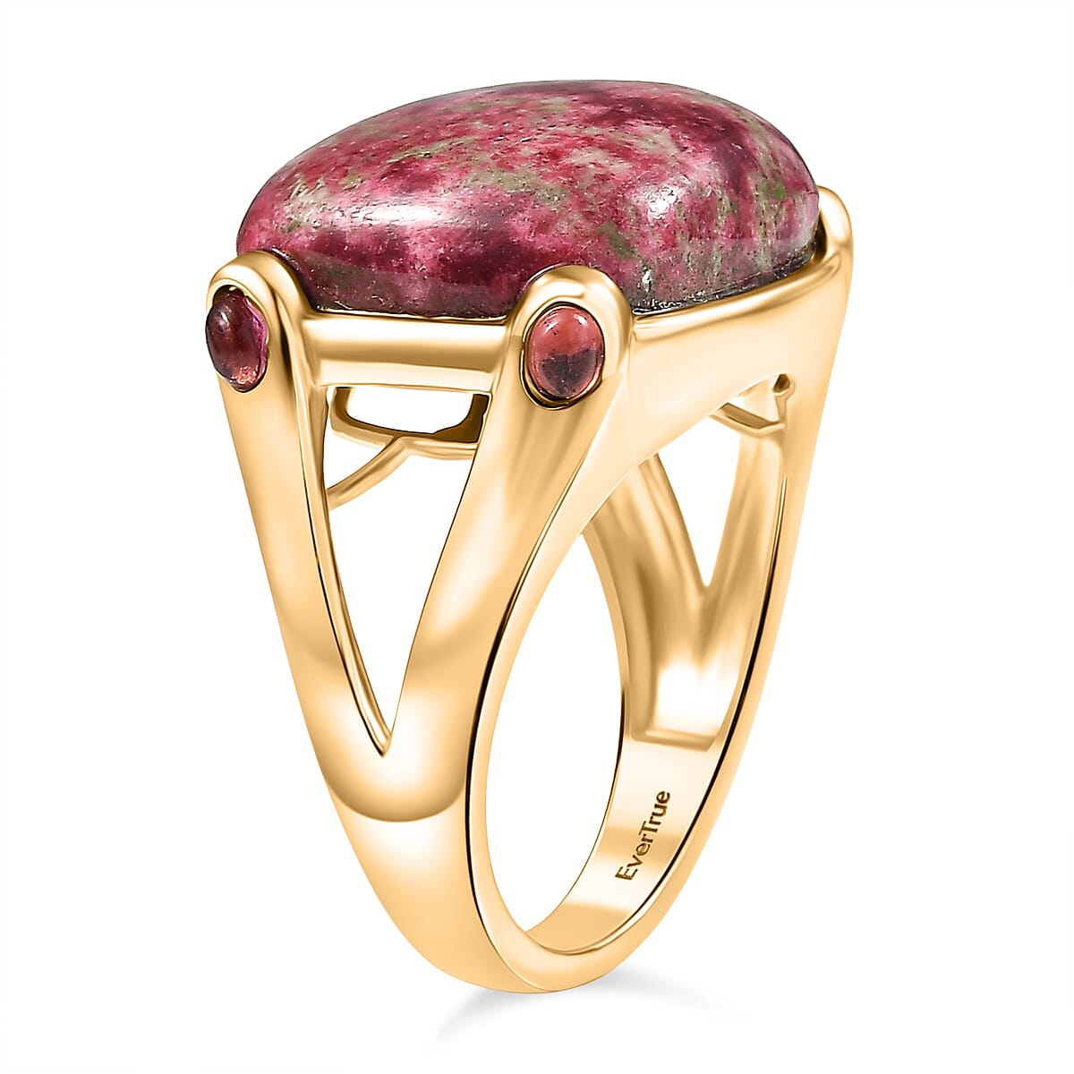 EverTrue Natural Thulite & Rhodolite Garnet Ring in Yellow Gold Plated 21.74 Ct.
