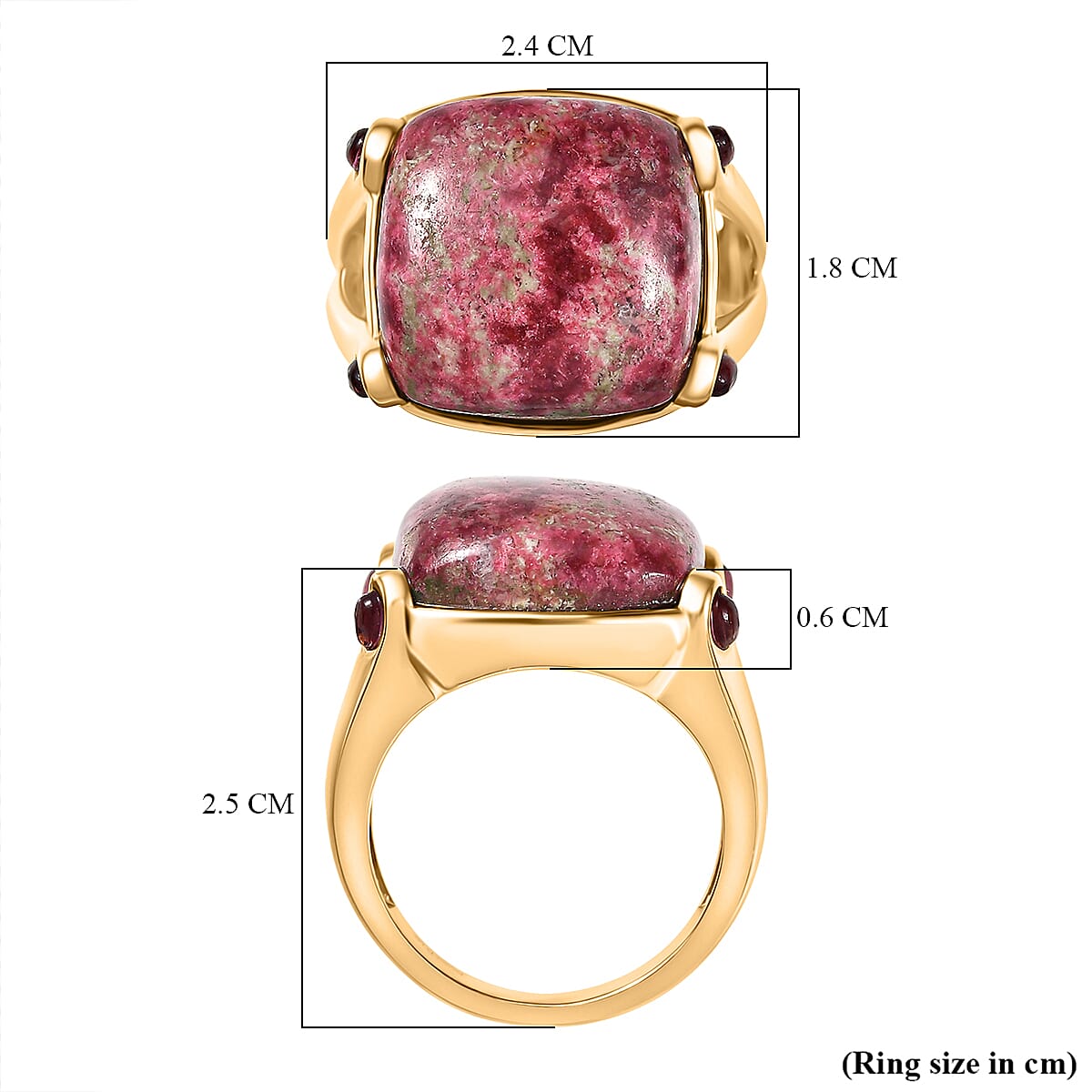EverTrue Natural Thulite & Rhodolite Garnet Ring in Yellow Gold Plated 21.74 Ct.