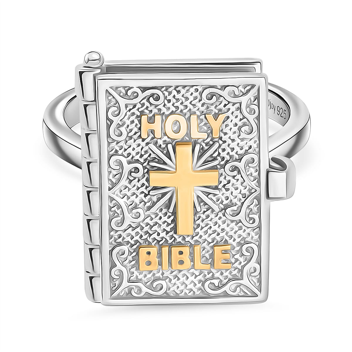 D'Joy Bible Ring in Yellow Gold Plated & Rhodium Overlay Sterling Silver, Silver Wt. 8.98 Gms.