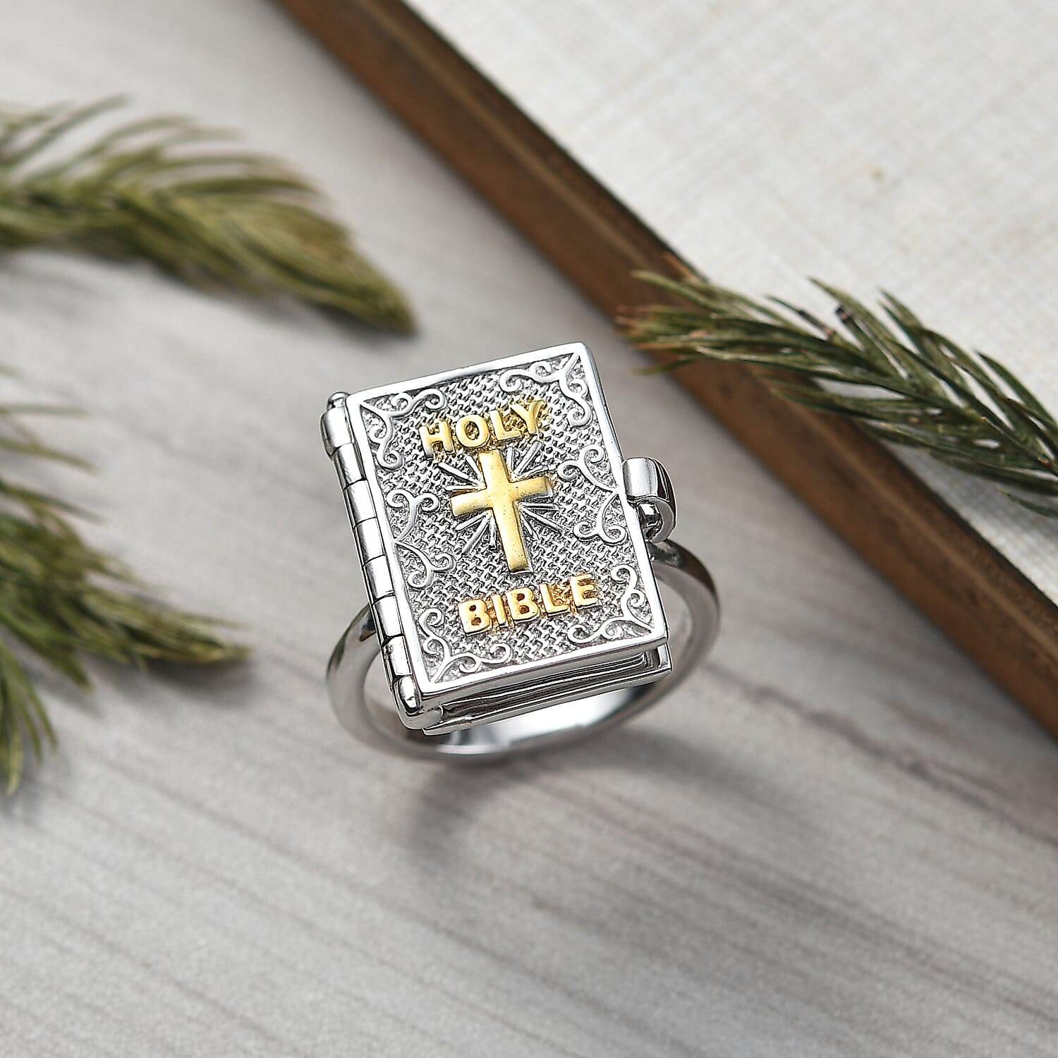 D'Joy Bible Ring in Yellow Gold Plated & Rhodium Overlay Sterling Silver, Silver Wt. 8.98 Gms.