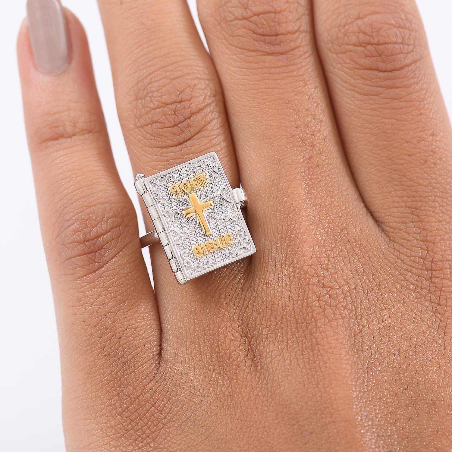 D'Joy Bible Ring in Yellow Gold Plated & Rhodium Overlay Sterling Silver, Silver Wt. 8.98 Gms.