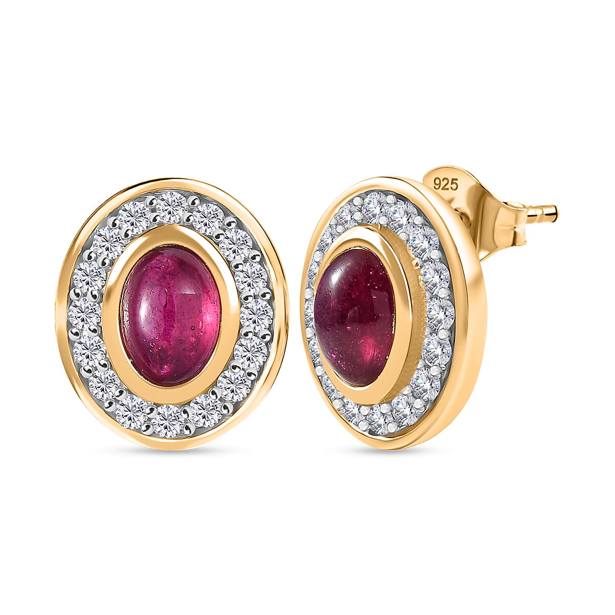 D'Joy Cabo Delgado Ruby & White Zircon Earring with Push Back in Yellow Gold Plated Sterling Silver 3.57 Ct.
