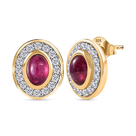 D'Joy Cabo Delgado Ruby & White Zircon Earring with Push Back in Yellow Gold Plated Sterling Silver 3.57 Ct.