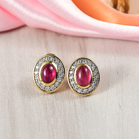 D'Joy Cabo Delgado Ruby & White Zircon Earring with Push Back in Yellow Gold Plated Sterling Silver 3.57 Ct.