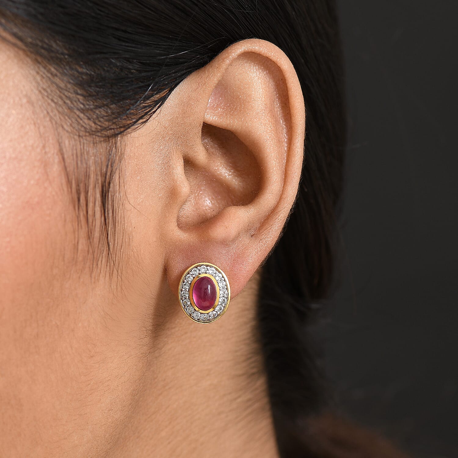 D'Joy Cabo Delgado Ruby & White Zircon Earring with Push Back in Yellow Gold Plated Sterling Silver 3.57 Ct.