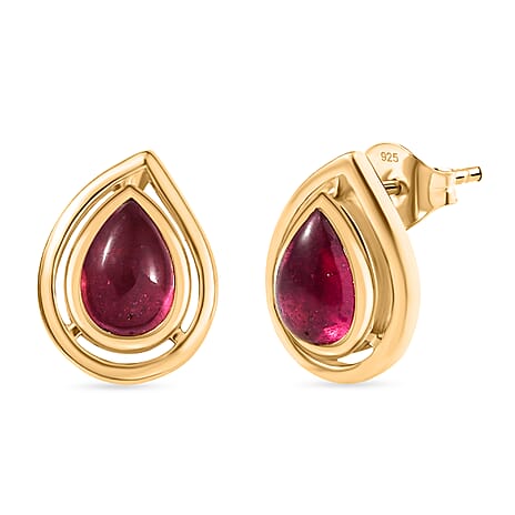 D'Joy Pear Cut Cabo Delgado Ruby Earring with Push Back in Yellow Gold Plated Sterling Silver 2.43 Ct.