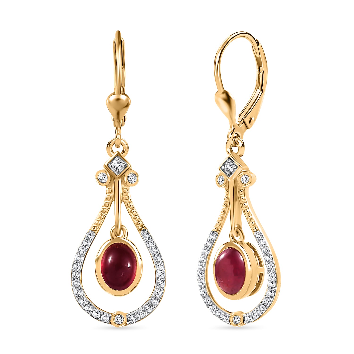 D'Joy Cabo Delgado Ruby & White Zircon Dangling Earring with Lever Back in Yellow Gold Plated Sterling Silver 3.62 Ct.