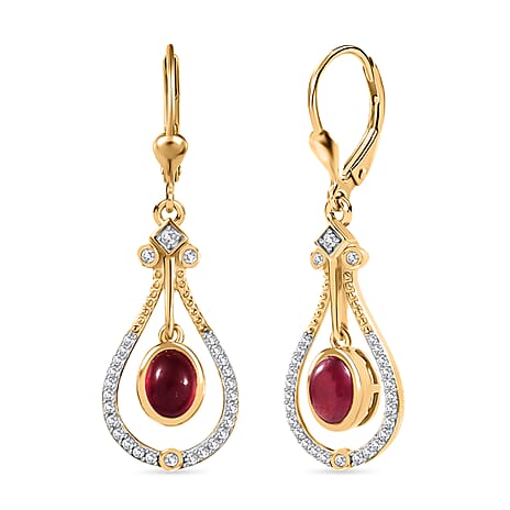 D'Joy Cabo Delgado Ruby & White Zircon Dangling Earring with Lever Back in Yellow Gold Plated Sterling Silver 3.62 Ct.