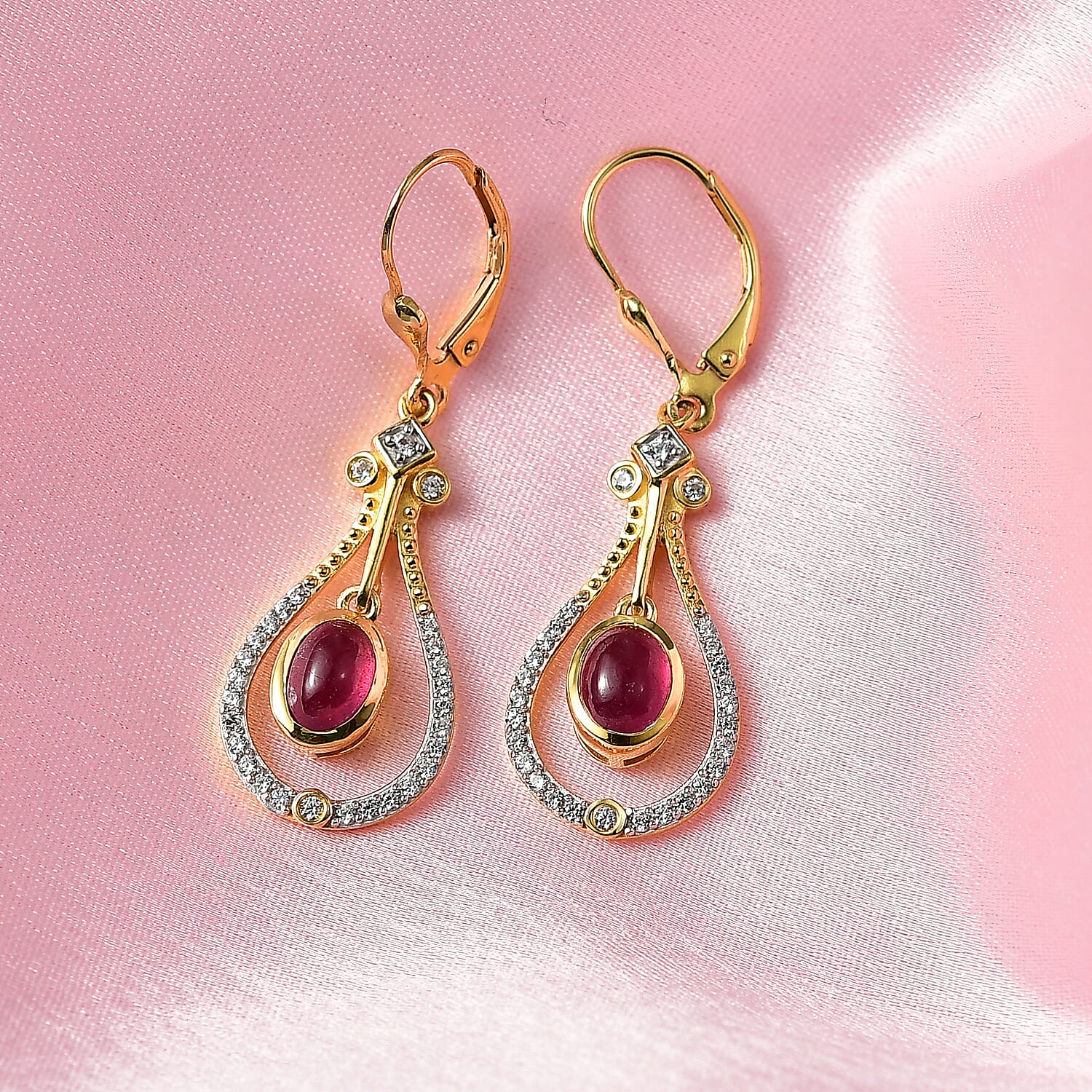 D'Joy Cabo Delgado Ruby & White Zircon Dangling Earring with Lever Back in Yellow Gold Plated Sterling Silver 3.62 Ct.