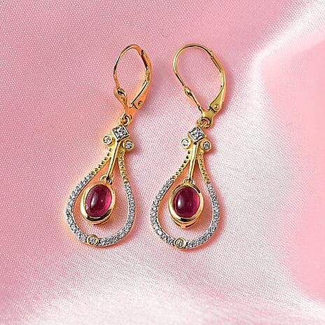 D'Joy Cabo Delgado Ruby & White Zircon Dangling Earring with Lever Back in Yellow Gold Plated Sterling Silver 3.62 Ct.