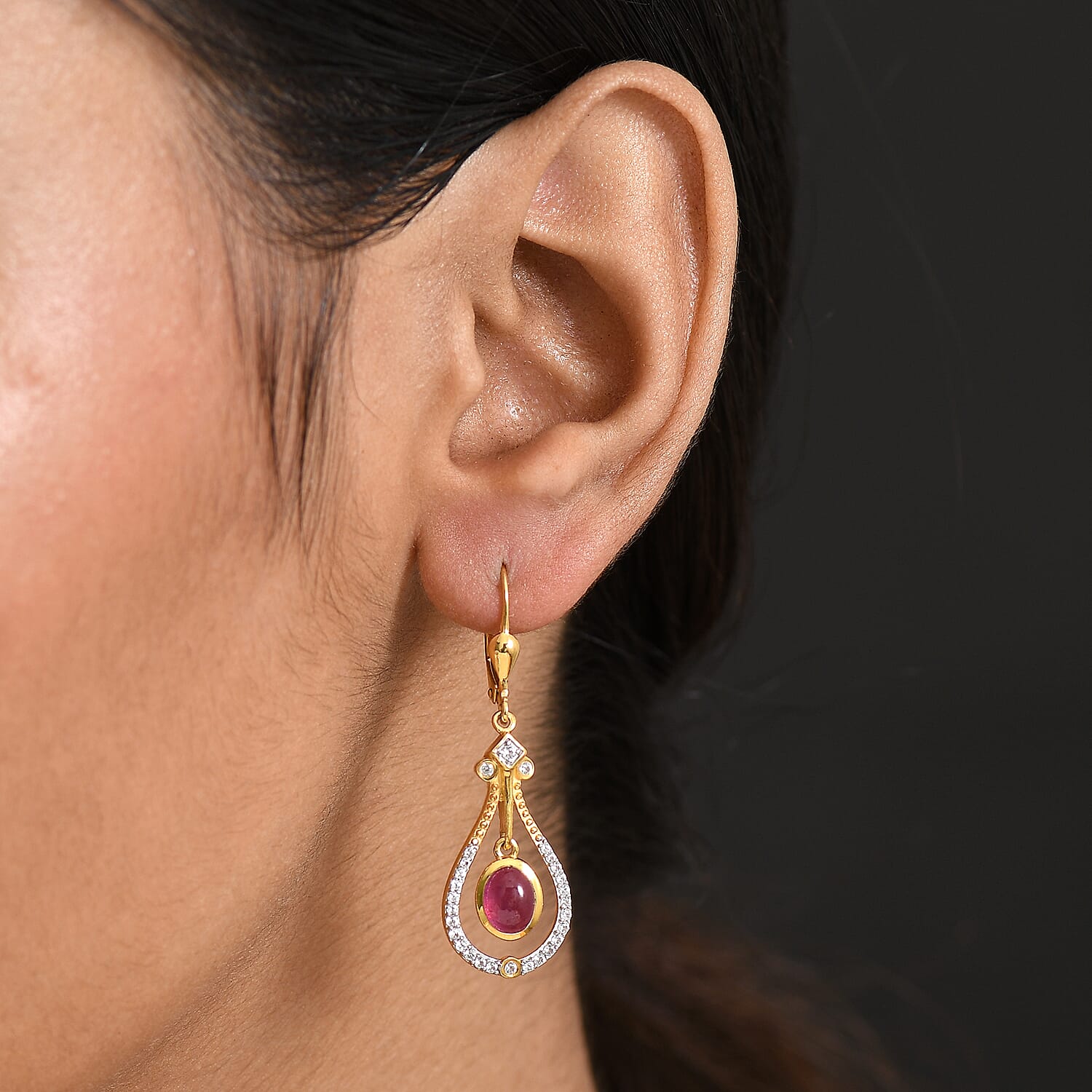 D'Joy Cabo Delgado Ruby & White Zircon Dangling Earring with Lever Back in Yellow Gold Plated Sterling Silver 3.62 Ct.