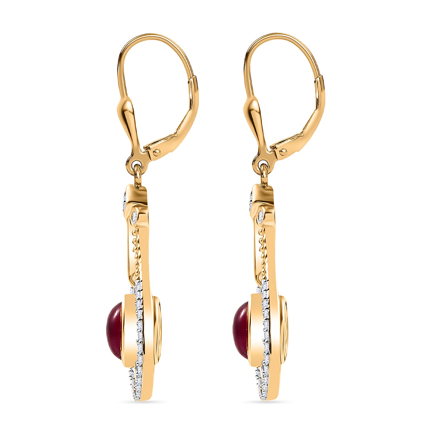 D'Joy Cabo Delgado Ruby & White Zircon Dangling Earring with Lever Back in Yellow Gold Plated Sterling Silver 3.62 Ct.