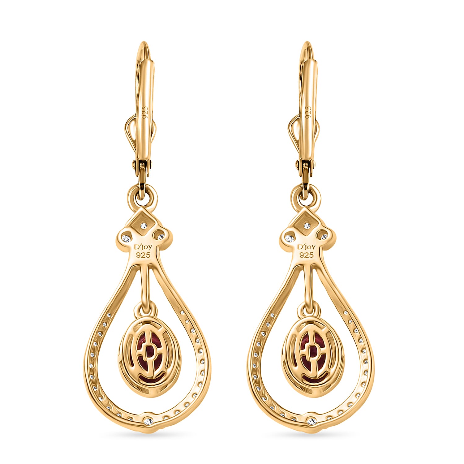 D'Joy Cabo Delgado Ruby & White Zircon Dangling Earring with Lever Back in Yellow Gold Plated Sterling Silver 3.62 Ct.