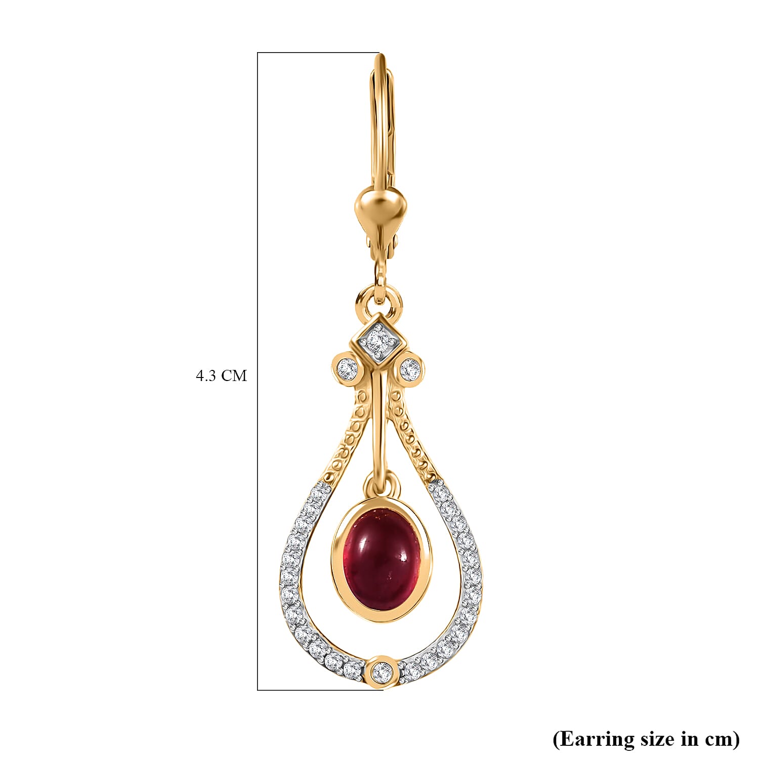 D'Joy Cabo Delgado Ruby & White Zircon Dangling Earring with Lever Back in Yellow Gold Plated Sterling Silver 3.62 Ct.