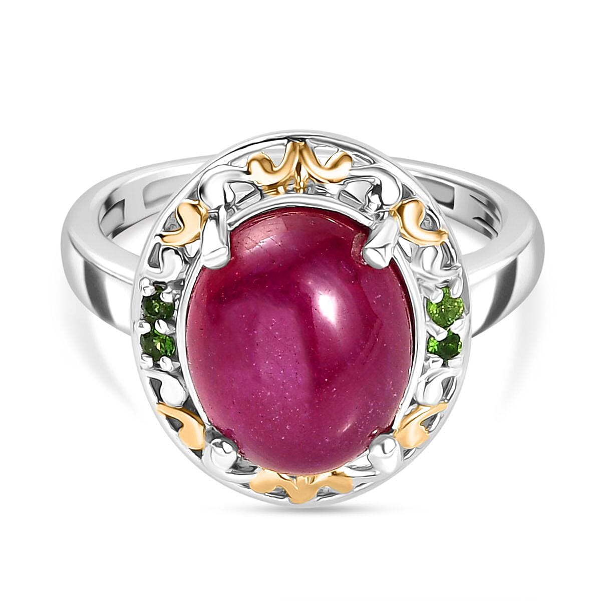 D'Joy African Ruby & Natural Chrome Diopside Ring in 18K Vermail Yellow Gold Plated & Rhodium Overlay Sterling Silver 6.32 Ct.
