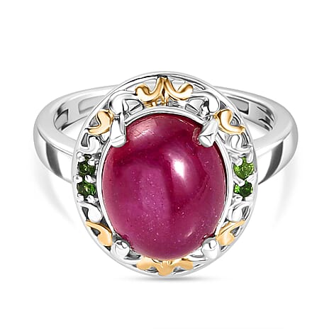 D'Joy African Ruby & Natural Chrome Diopside Ring in 18K Vermail Yellow Gold Plated & Rhodium Overlay Sterling Silver 6.32 Ct.