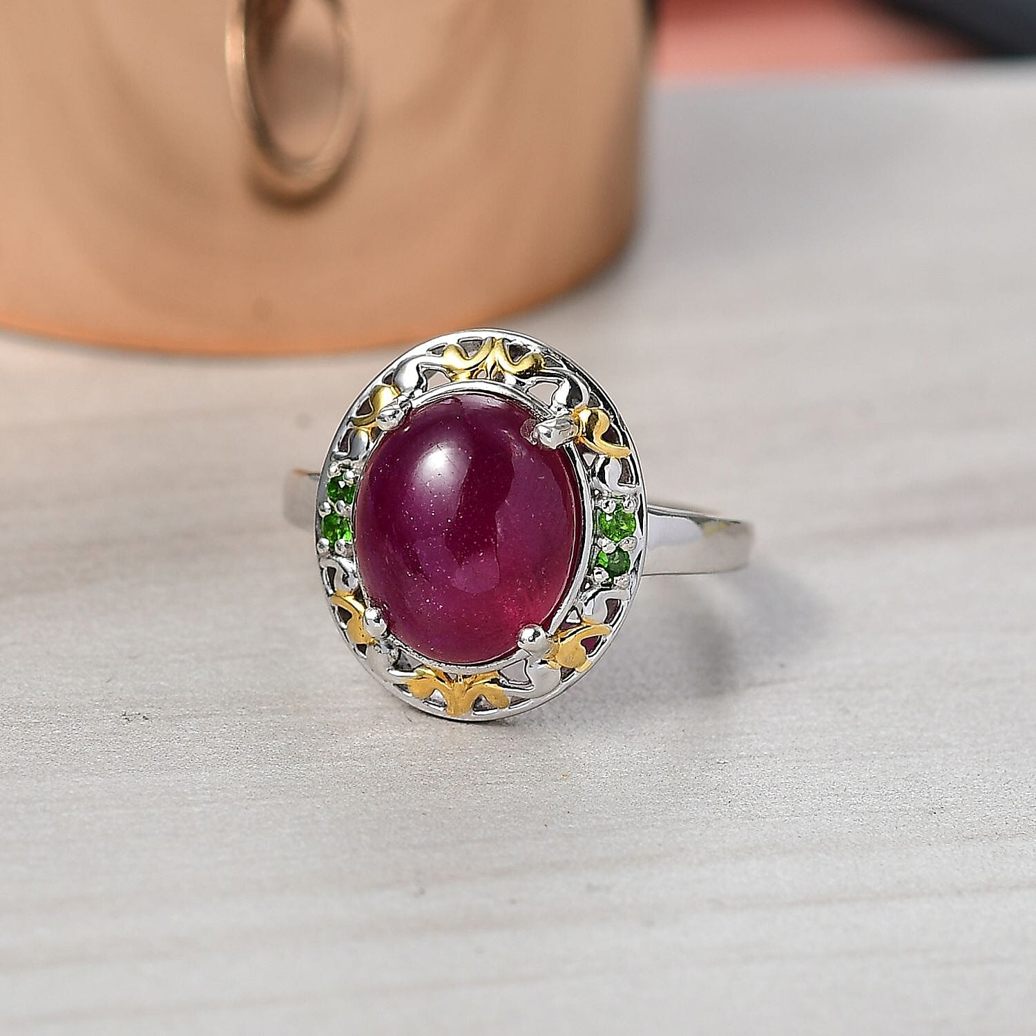 D'Joy African Ruby & Natural Chrome Diopside Ring in 18K Vermail Yellow Gold Plated & Rhodium Overlay Sterling Silver 6.32 Ct.