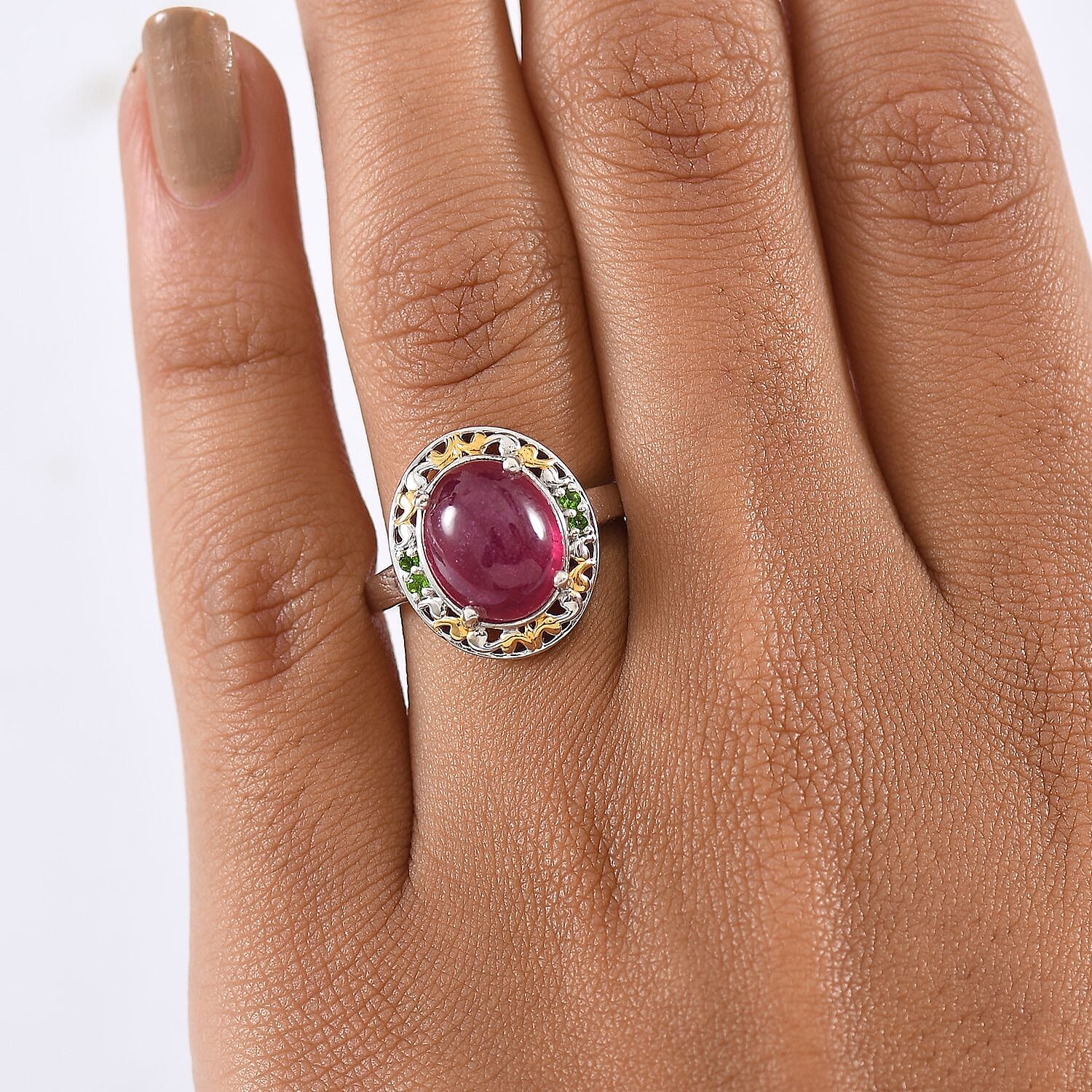 D'Joy African Ruby & Natural Chrome Diopside Ring in 18K Vermail Yellow Gold Plated & Rhodium Overlay Sterling Silver 6.32 Ct.