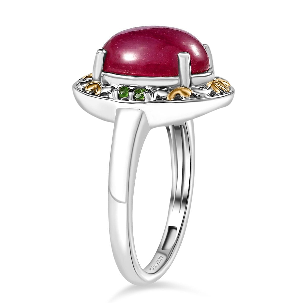 D'Joy African Ruby & Natural Chrome Diopside Ring in 18K Vermail Yellow Gold Plated & Rhodium Overlay Sterling Silver 6.32 Ct.