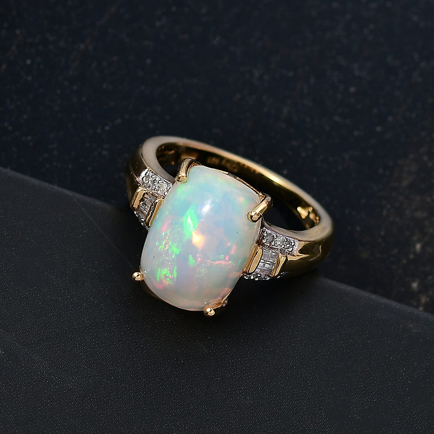 D'Joy Ethiopian Opal & White Diamond Ring in 18K Vermeil Yellow Gold Plated Sterling Silver 4.91 Ct.