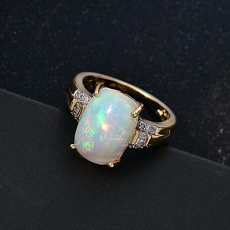D'Joy Ethiopian Opal & White Diamond Ring in 18K Vermeil Yellow Gold Plated Sterling Silver 4.91 Ct.