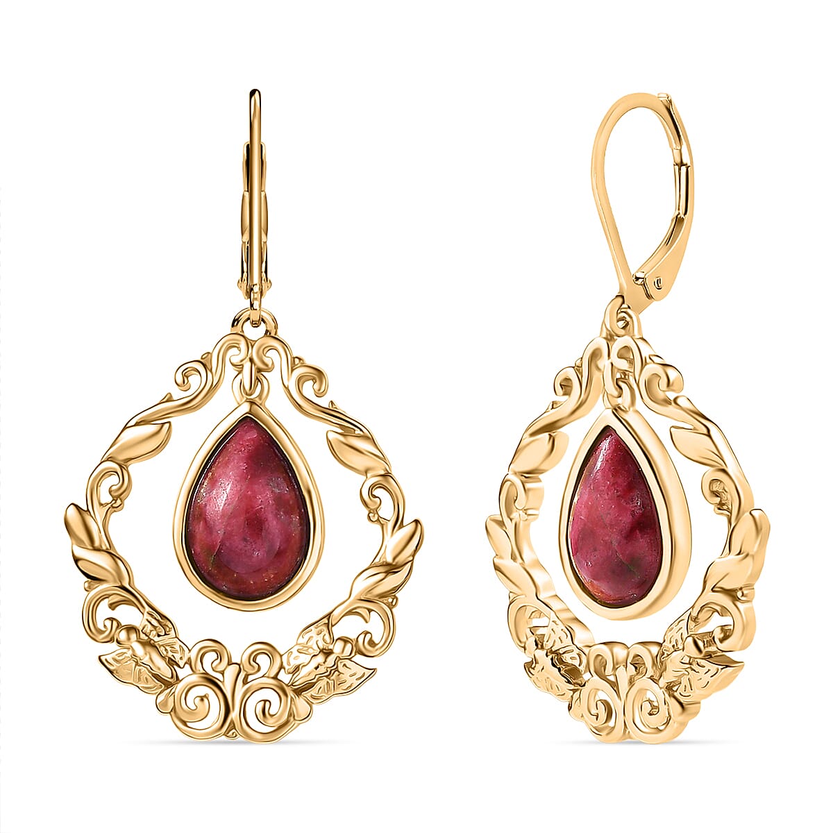 EverTrue Natural Thulite Earring with Lever Back in Yellow Gold Plated 8.07 Ct.