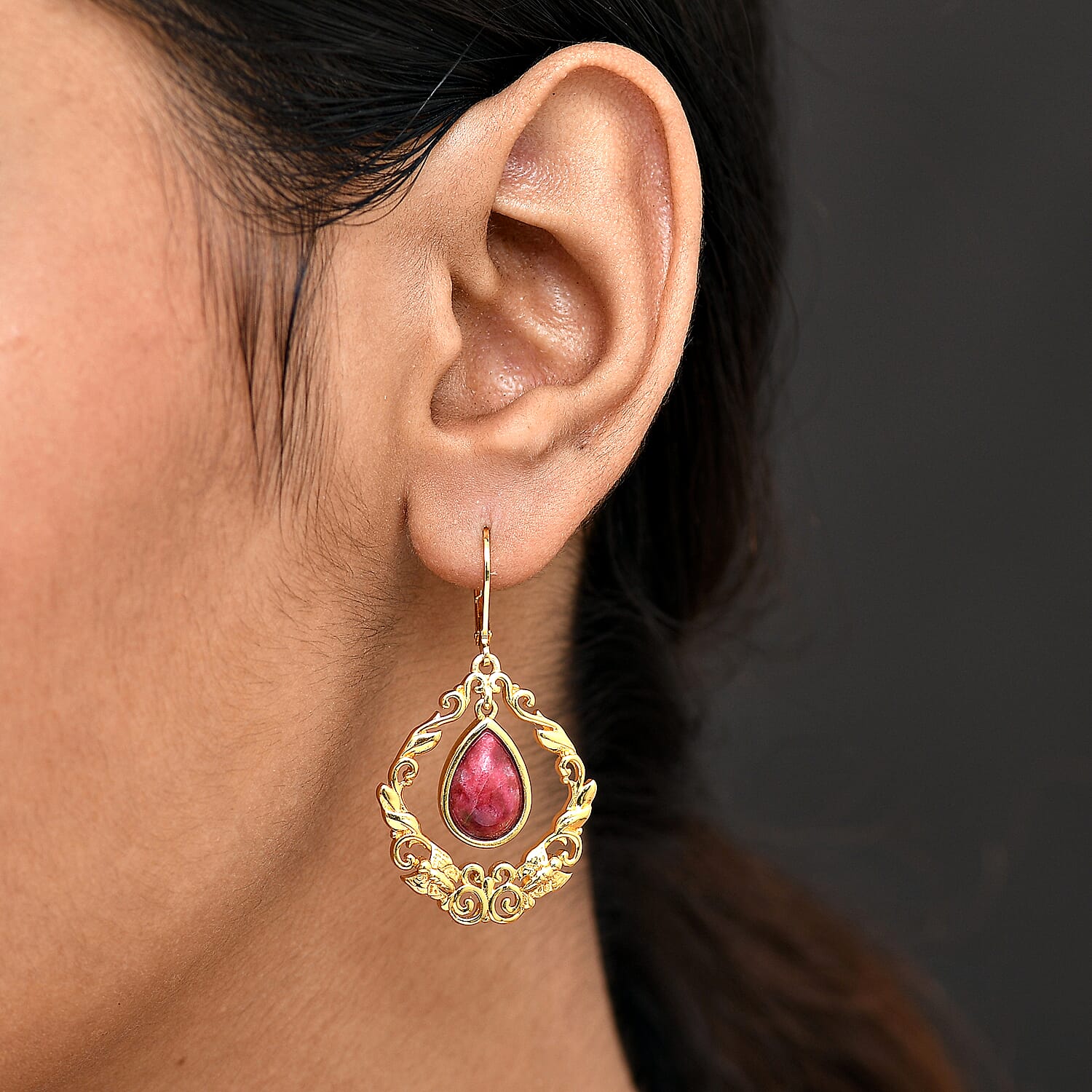 EverTrue Natural Thulite Earring with Lever Back in Yellow Gold Plated 8.07 Ct.