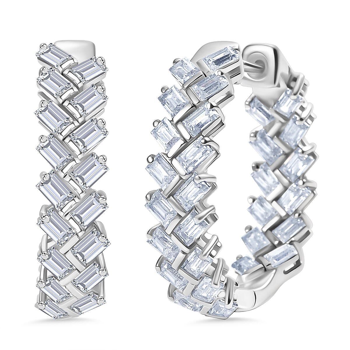 D'Joy Moissanite Cluster Earring with Hoop in Rhodium Overlay Sterling Silver 4.35 Ct, Silver Wt. 9.57 Gms.